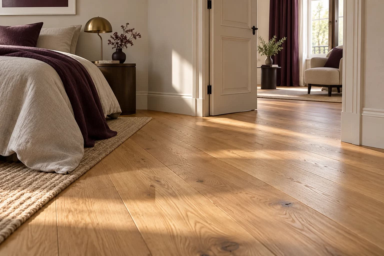 Parquet en lames droites, plinthe et passage de porte