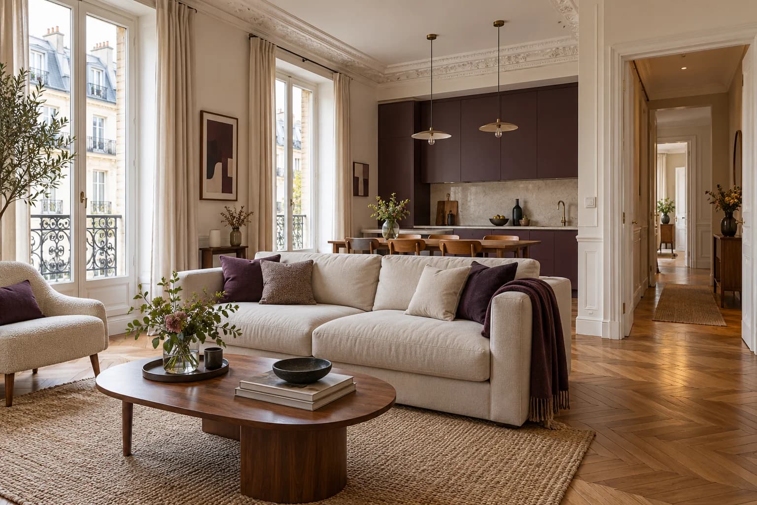 Intérieur d’appartement : séjour, cuisine et circulation